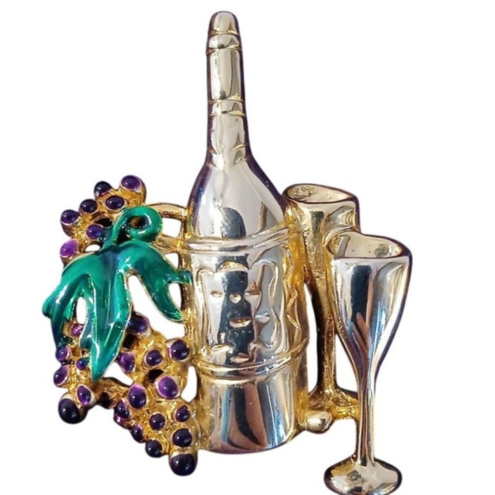 Vintage LS Gold Tone Enamel Wine Bottle Grapes and‎ Glasses Novelty Brooch Pin